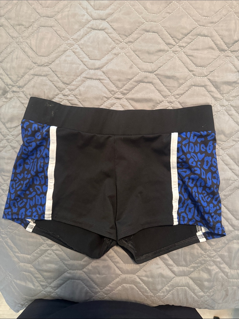 Varsity Black Shorts with Blue Leopard Side Panels